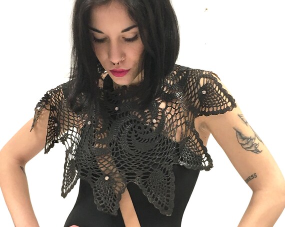 Handmade Crochet Shawl LOLA DARLING Hand dyed and Leather effect Plastic Pearls Hand Embroidery One-of-a-kind Luxury Upcycled Made in Italy