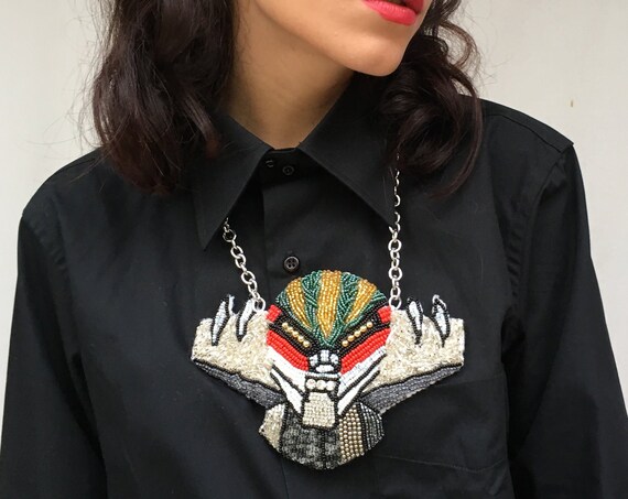 80s Cartoons Necklace "Jeeg Robot" Exclusive DAW / LOLA DARLING Hand Embroidery Bijoux Statement Necklace Jewelry Made in Italy Single Piece