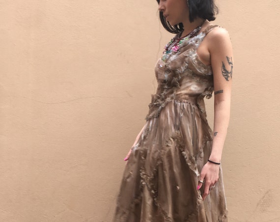 Faded Brown color LOLA DARLING Long Dress Chiffon Hand Painted Embroidery Chains and Corals Sartorial Care Hand made in Italy One of a Kind