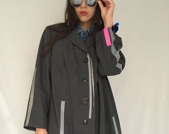 Woman's Wool Italian Gray Coat LOLA DARLING Print Plastic Colored Glitter Stripes Jacket Wearable Art Capsule 2019 Hand Made from Vintage