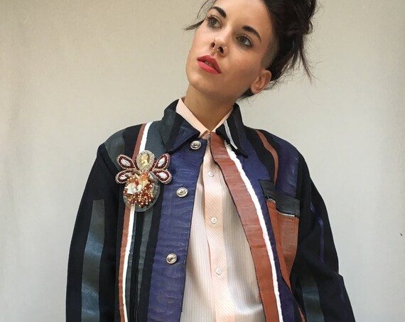 Hand Painted Colored Stripes LOLA DARLING Blue Jacket Leather Effect Embroidered DAW Brooch Wearable Art from Vintage Uniform Garment Unisex