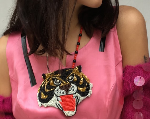 Statement Embroidered Necklace DAW / LOLA DARLING Hand Embroidery "Tiger Man" 80s Cartoons Bijoux Special Edition Made in Italy Single Piece