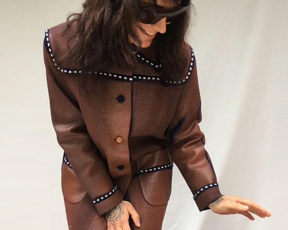 Knitted Hand Painted Coat LOLADARLING Wool Brick Red Jacket White Stitching, Leather Effect Overcoat Sustainable Vintage Reused Wearable Art