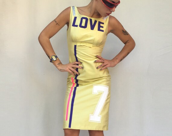 Silk Shantung Printed Green Dress LOLA DARLING Sleeveless Acid Yellow with Fuchsia Glitter Stripe Sartorial Sheath Unique Made in Italy