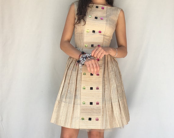 Beige Striped Woven Silk Sartorial Dress LOLA DARLING 50s Style Plastic Cabochon Embroidery Cotton Tulle petticoat Sleeveless Luxury Formal
