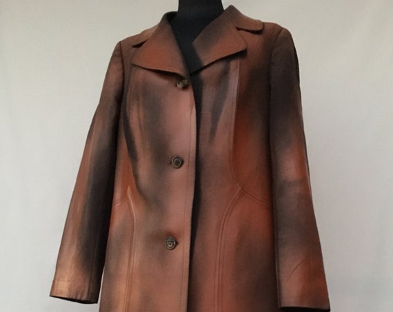Hand Painted Spring Wool Duster Coat LOLA DARLING Rubberized Glossy Treatment as Leather Effect Unique Wearable Art from 70s New Overcoat