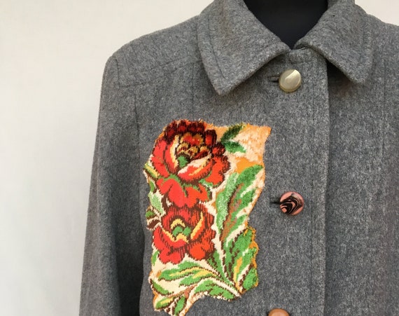 Tapestry Embroidered Wool Gray Long Coat LOLA DARLING Printed Lining Overcoat Sustainable Unique Contemporary Haute Couture Made in Italy