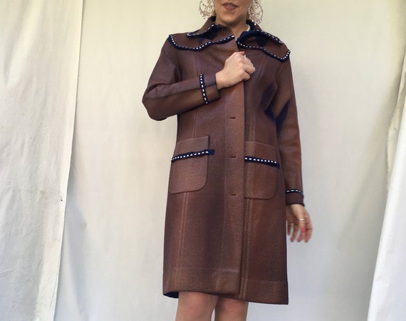 Knitted Hand Painted Coat LOLA DARLING Brown Red Long Jacket White Stitching details Rubber Laminated Effect Overcoat Sustainable Clothing