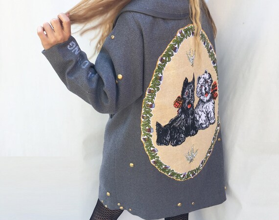 Yorkshire Dogs Printed Canvas Embroidered Gray Coat LOLADARLING from 60s Vintage Inventory Studs Unique Hand Made Haute Contemporary Couture
