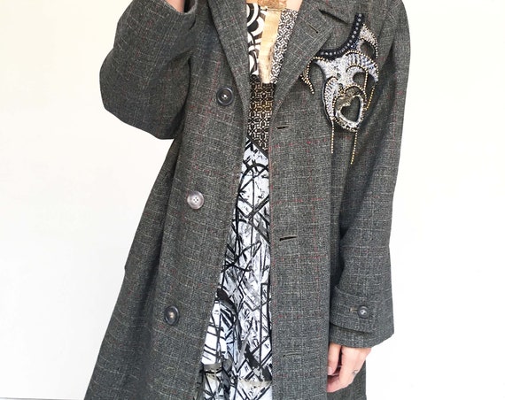 Wool Jacket Winter Coat Prince of Wales LOLA DARLING Overcoat Embroidery Hand Sewn Vintage Trimmings From Vintage Tailored Garment Unique
