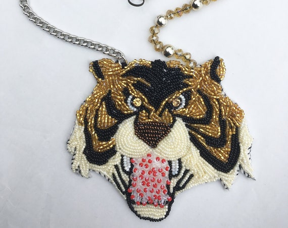 Unique Handmade Necklace DAW / LOLA DARLING Hand Embroidery "Tiger Man 2" 80s Cartoons Bijoux Special Edition Made in Italy One of a Kind