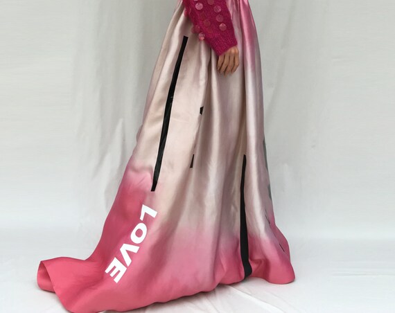 Train Pink Organza Hand Painted Long Dress LOLA DARLING Silk Satin Love Lola Stripes Printed Sartorial Wedding Met Gala Party Dress Unique