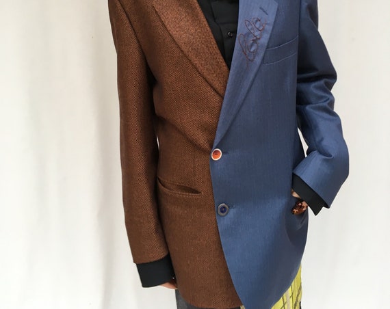 Wool Two Color Jacket LOLA DARLING from Vintage Blazer Brown Blue Fine Fabric Unstructured Embroidered Unique Piece hand made in Italy