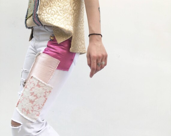 Patchwork LOLA DARLING Vintage Levi's Jeans with Rips Vintage Fabrics Patch White Color Embroidery Cabochon Strass