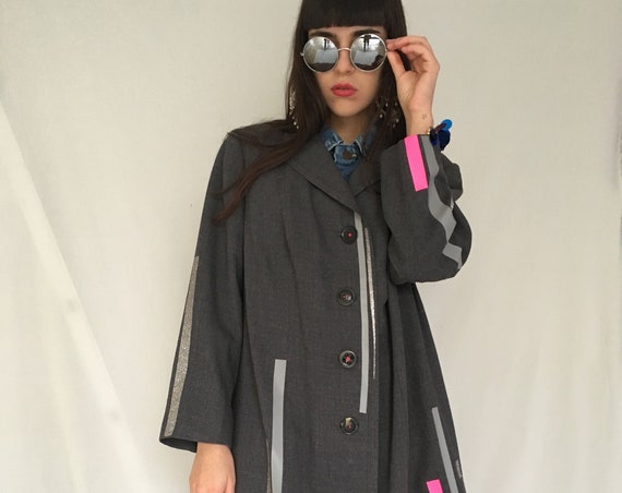 Printed Gray Woman Coat LOLA DARLING Colored Glitter Stripe Over Size Jacket Wearable Art Italian Hand Made from Inventory 60s Vintage