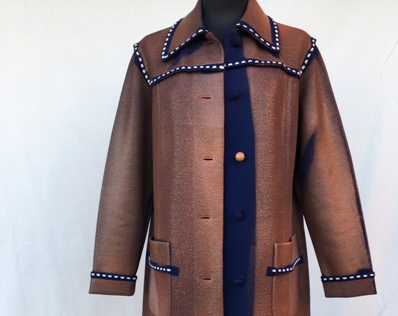 Knitted Wool LOLA DARLING Coat Brick Red Hand Painted, White Stitching, Leather Effect Preview Fall 19 Overcoat Sustainable Wearable Art