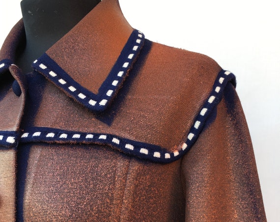 Knitted Wool LOLA DARLING Coat Brick Red Hand Painted, White Stitching, Leather Effect Preview Fall 19 Overcoat Sustainable Wearable Art