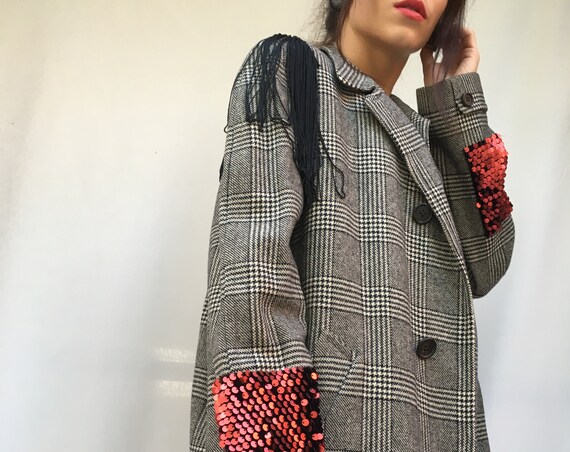 Prince of Wales Coat LOLA DARLING Embroidery by DAW Bijoux Red Sequins Fringe Printed Inside Wool Checked Fabric Unique Piece Made in Italy