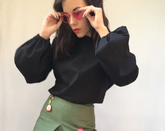 Black Cotton Blouse LOLA DARLING Large Drop-shaped Long Sleeves Lightly Stretch Fabric Opening Back with Laces Limited Edition Made in Italy