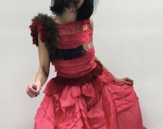 Red Silk Organza Long Dress LOLA DARLING Sequins Fringe Fur Tulle petticoat Sartorial Hand Painted Hand made in Italy Wedding Bridal Dress