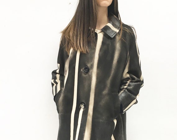 Sartorial Cashmere Coat LOLA DARLING Hand painted Black White Overcoat Rubber/Faux Leather Effect. Unique Wearable Art Jacket Certificated