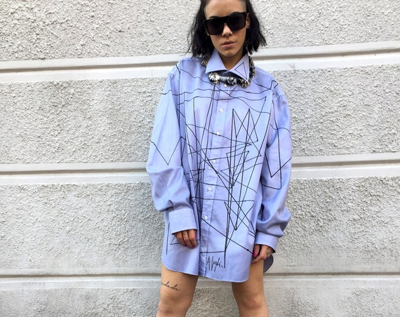 Boyfriend Painted LOLA DARLING Artwork Shirt Unique Light blue men's shirt painted with black lines by the artist A. Lugli Artwork Clothing