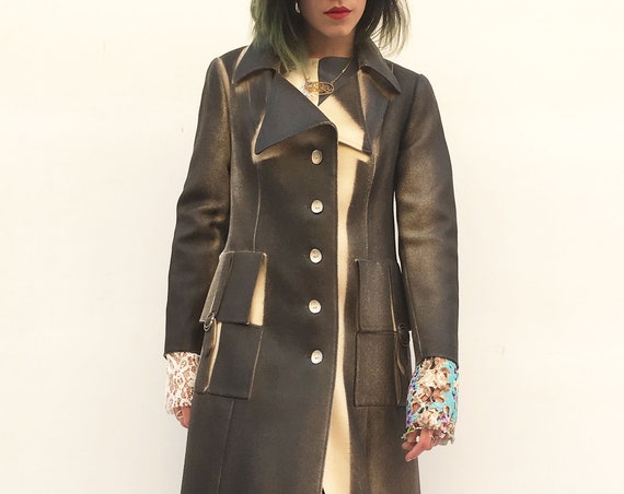 Light Wool LOLA DARLING Unique Coat Trench Artistic Hand Painted Artwork Women Clothing Printed Linen Hand Made in Italy from Vintage
