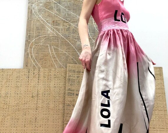 Silk Organza LOLA DARLING Train Long Dress Beige with hand painted Pink Color Love Lola Stripes Print Sartorial Wedding Party Made Italy