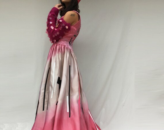 Silk Hand painted Long Dress LOLA DARLING Satin Organza with Train Gradient Color Love Lola Stripes Print Sartorial Wedding Party Dress
