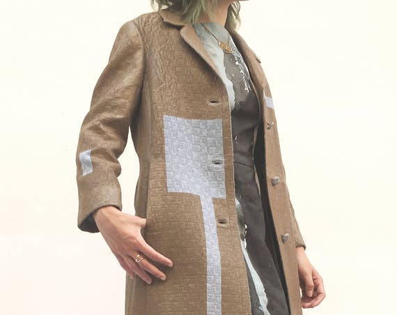 Sky Blue Coat LOLA DARLING in Light Brown Hand-painted Overcoat Unique Wearable Art Wool from Vintage 60's Stripes Rubberized Effect
