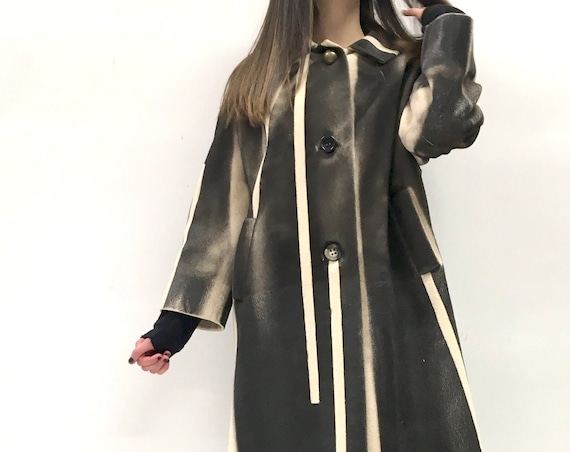 Black Brown Handpainted Cashmere Coat LOLA DARLING White Stripes Overcoat One-of-a-kind Clothing Made in Italy from Vintage with Certificate
