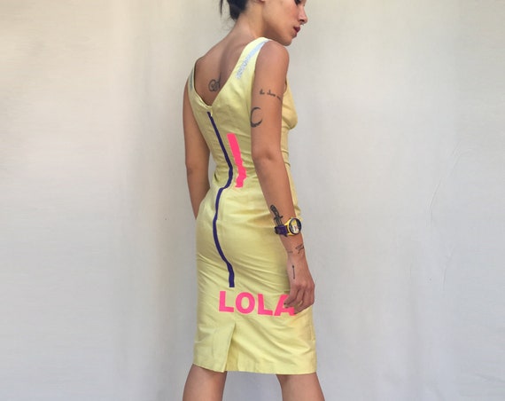 Printed Acid Green Sartorial Sheath Dress LOLA DARLING Sleeveless Shantung Acid Yellow Silk with Fuchsia Glitter Stripe Sport Prints Unique