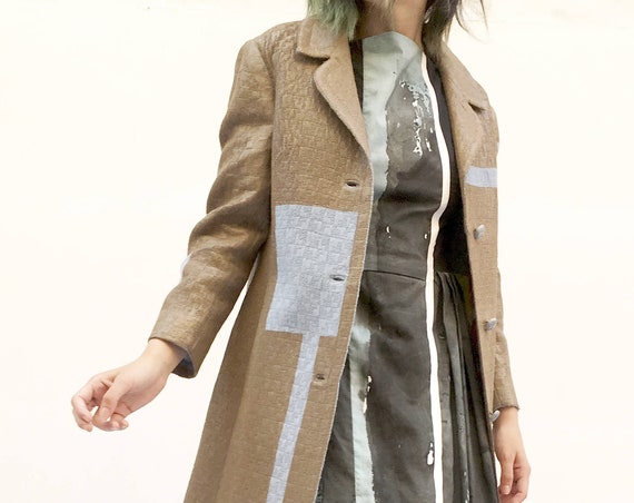 Spring Light Brown Hand-painted LOLA DARLING Overcoat Light Blue Stripes Leather Effect Unique Art Work Clothing Made with Care in Italy