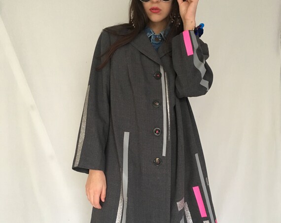 Woman's Wool Italian Gray Coat LOLA DARLING Print Plastic Colored Glitter Stripes Jacket Wearable Art Capsule 2019 Hand Made from Vintage