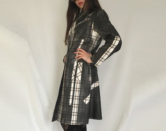 Hand Painted on Prince of Wales Trench Check Duster Coat LOLADARLING Jacket Leather Effect Made from 70s coat from Lola Vintage Archive Coat
