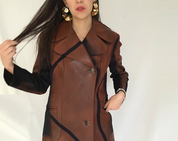 Bricky Color Hand Painted Wool Overcoat LOLA DARLING Leather Effect from Warehouse Stock 70s Blue Coat Unique Wearable Art Made in Italy