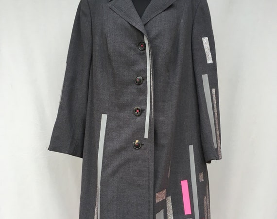 Unique Rare Wool Italian Sartorial Coat LOLA DARLING Print Plastic Colored Glitter Stripes Jacket Wearable Art Capsule Spring 18 Hand Made