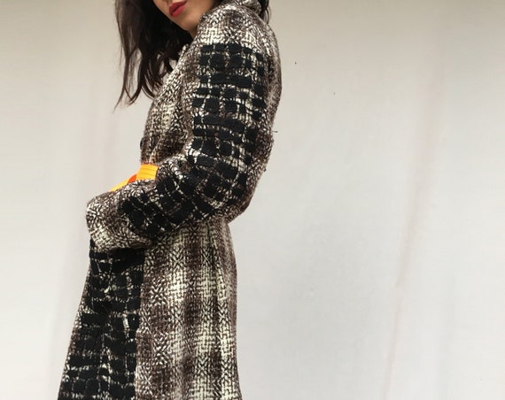 Prince of Wales Coat with Black Embroidery Lace LOLA DARLING Check Soft Fabric Overcoat with Recycled Orange Belt (attached his belt too)