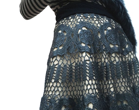 Rubberized Hand Crochet Hand painted Black Skirt LOLADARLING Cotton Lace Leather Effect Jute Black Satin Reversible Underskirt Italian made