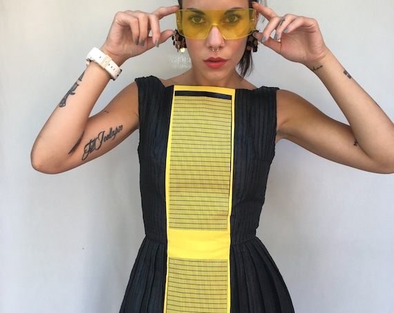 Black Tailored Silk Dress LOLA DARLING Cotton Yellow Band, Plastic Print, Tulle petticoat, Unique Piece Italian Handmade