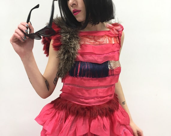 Red Silk Organza Long Dress LOLA DARLING Sequins Fringe Fur Tulle petticoat Sartorial Hand Painted Hand made in Italy Wedding Bridal Dress