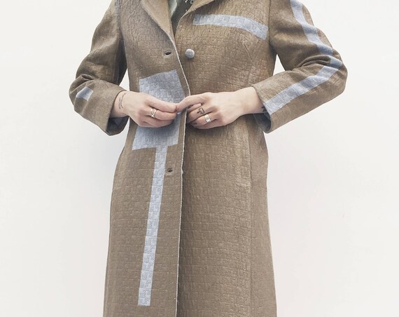 Unique Wearable Art LOLA DARLING Light Brown Hand-painted Redesigned Coat from Vintage Overcoat Blue Stripes Leather Effect Printed Inside