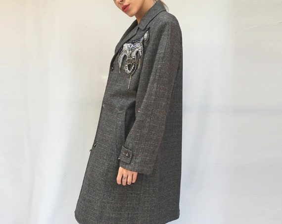 Wool Jacket Winter Coat Prince of Wales LOLA DARLING Overcoat Embroidery Hand Sewn Vintage Trimmings From Vintage Tailored Garment Unique