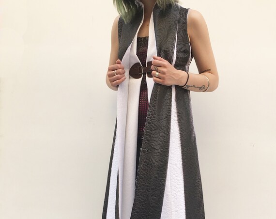 Hand Painted Black White Long Gilet LOLA DARLING White Cotton Brocade Fabric with Treatment Over Dress. Made in Italy from Selected Vintage