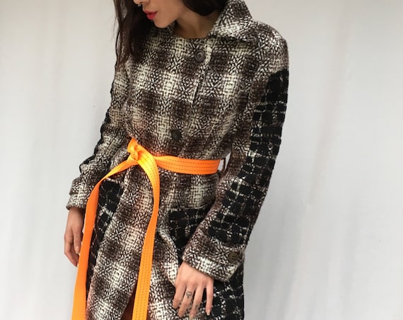 Blach and White Coat LOLA DARLING Black Embroidery Lace Prince of Wales Overcoat with Recycled Orange Belt Sustainable Fashion Made in Italy