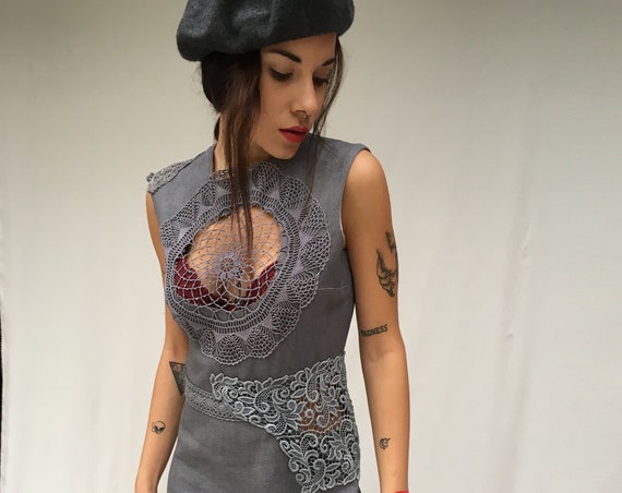 Hand Crochet-Inserts Sheath Dress LOLADARLING Cocktails Hand Dyed Gray Gradient Effect from Vintage Dress + Inserts hand crochet Unique