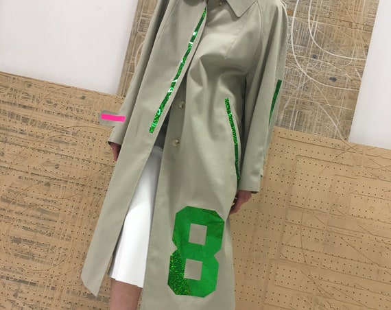 Printed 80s Gray Trenchcoat LOLA DARLING Sport Pop Long Jacket LOVE Numbers Stripes Reversible Burberry Theme Inner Lining Putty color