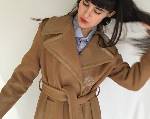 Tobacco Cashmere Coat Hand-painted with Color Dirtying LOLA DARLING Work in progress! Embroidered and Leather Effect. Recycled Silk lining