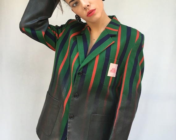 Hand Painted Women Jacket with Stripes LOLA DARLING from Original English College Blazer Leather Effect Unique Sustainable Wearable Art