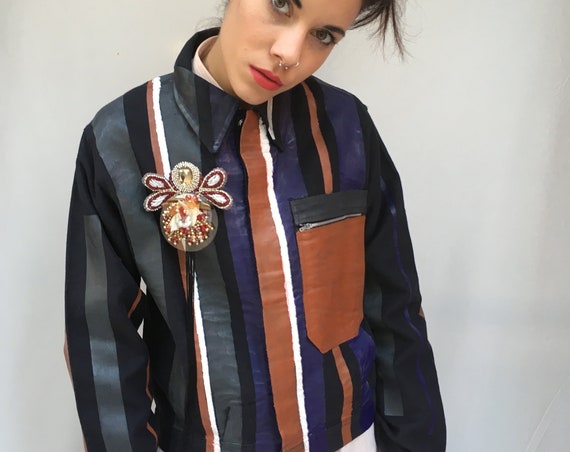 Hand Painted Stripes Jacket LOLA DARLING Cotton Leather Effect treatment DAW Brooch Wearable Art from Vintage Uniform Garment Unisex